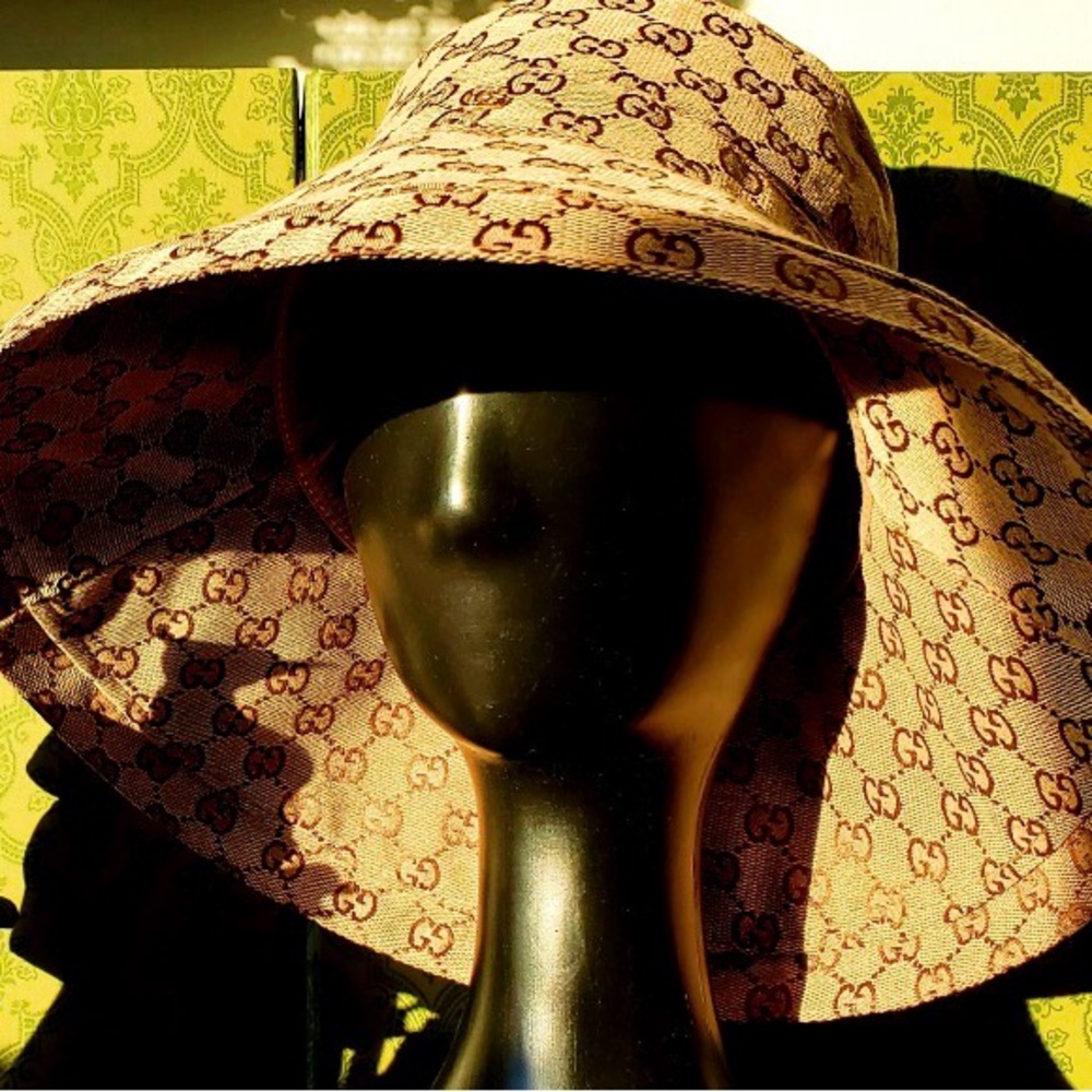 Beige Monogram Bucket Hat Wide Large Brim Tan Canvas Jacquard Sun Coverage - Picture 2 of 16